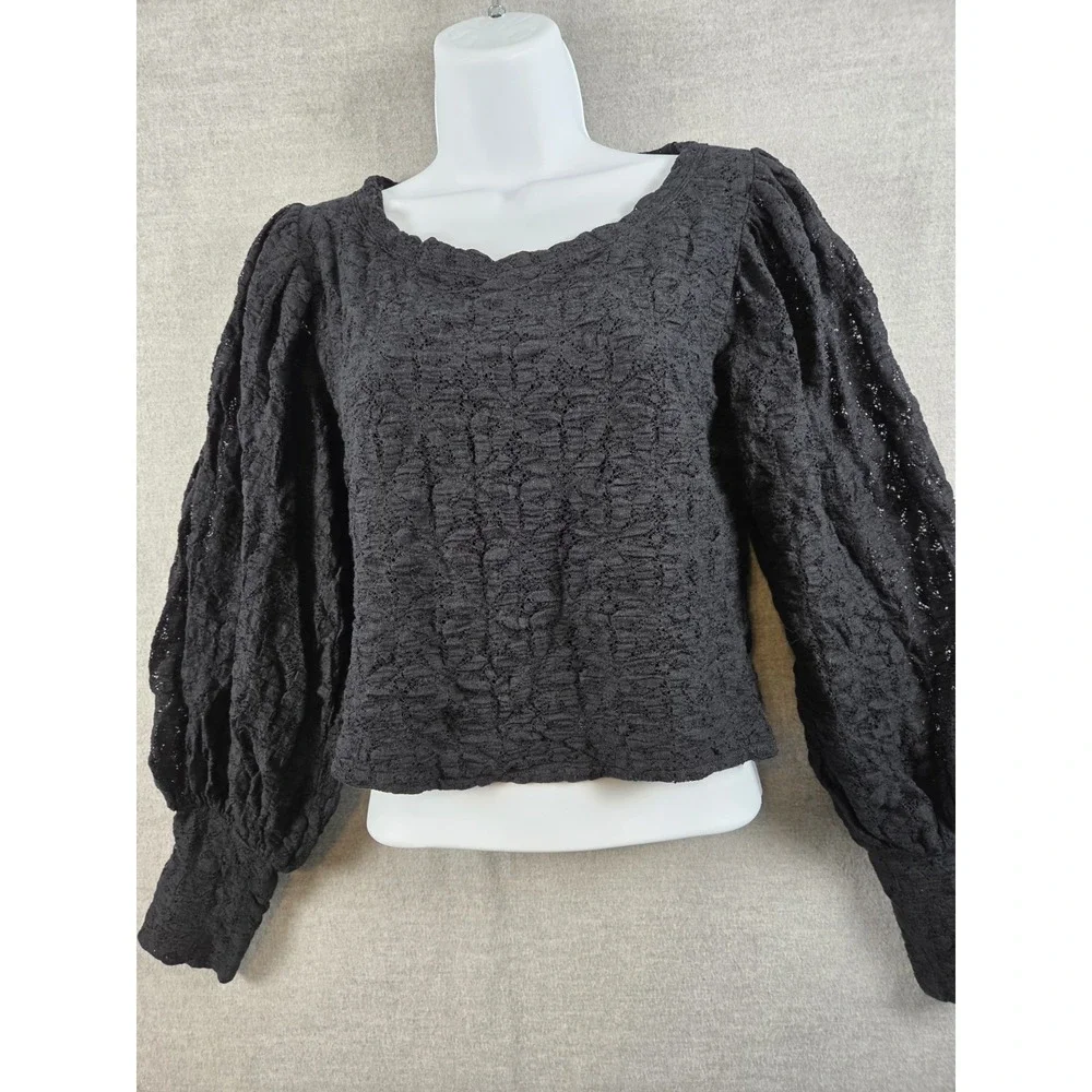 FREE PEOPLE Balloon Sleeve Lace Top‎ Womens L Black Whimsigoth Vamp Open Back